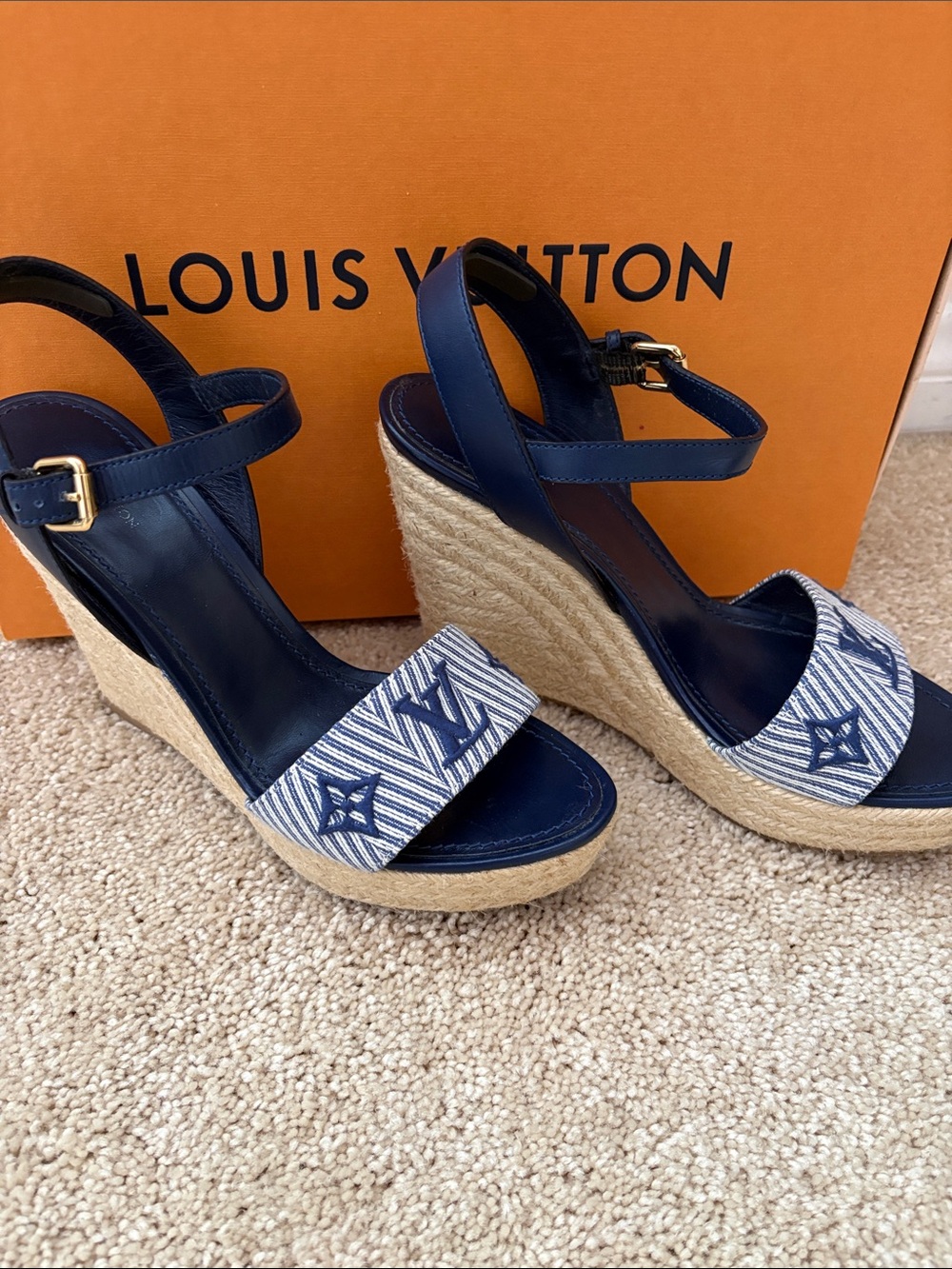 Louis Vuitton Navy Monogram Striped Canvas Espadrille Wedge Sandals - Picture 3 of 8